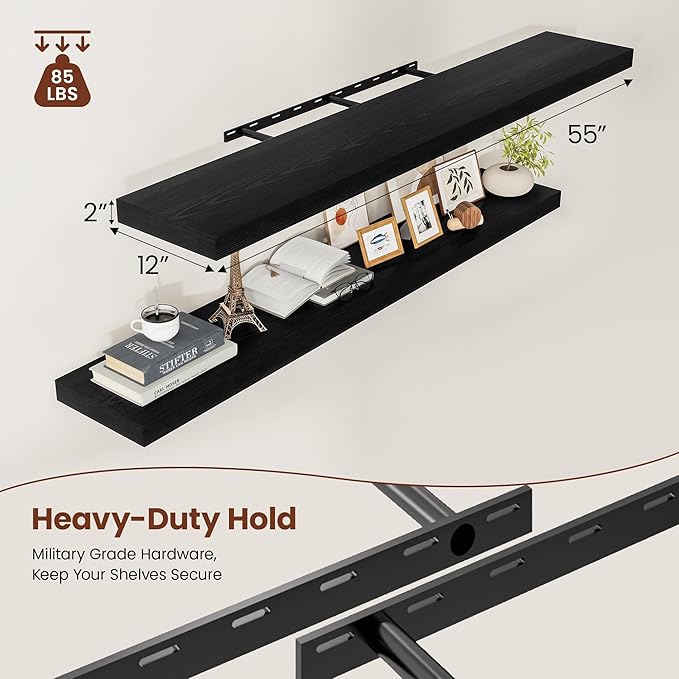 Black Floating Shelves for Wall 55 Inches Long, 12" Deep Wall Shelves 2" Thick, Heavy Duty Shelf for Bedroom, Bathroom, Living Room, Kitchen, Office, Home Decor, Modern Shelf Set of 2, 55" X 12" X 2"