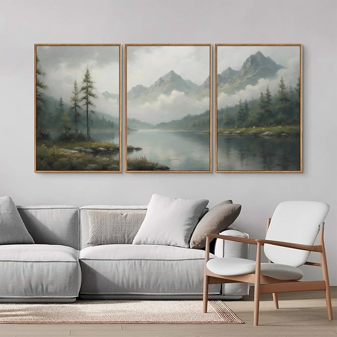 SIGNINART Large Green Forest Framed Canvas Wall Art Set, Misty Mountain Lake Scenery Wall Decor, Modern Foggy Wood Landscape Artwork, Oil Printing Style Nature Art Print for Living Room, Bedroom, Office 16 x24 x3
