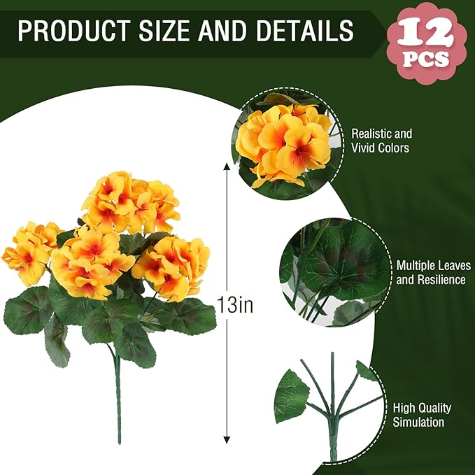 Hananona 12 Pcs Artificial Geranium Flowers for Outdoors Geranium Silk Yellow Flowers Outdoor UV Resistant Garden Plants Faux Fall Flower for Home Kitchen Table Centerpieces Decor (12, Yellow)