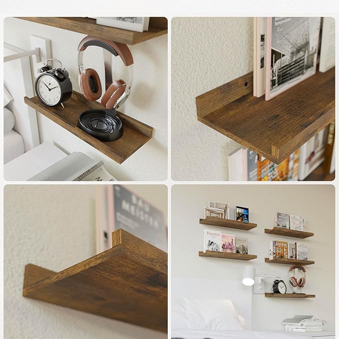 RICHER HOUSE 3 Set Floating Shelves for Wall Decor, Mounted Book Shelf, Nursery Picture Ledge With Lip for Storage, Bedroom, Living Room, Bathroom - Brown