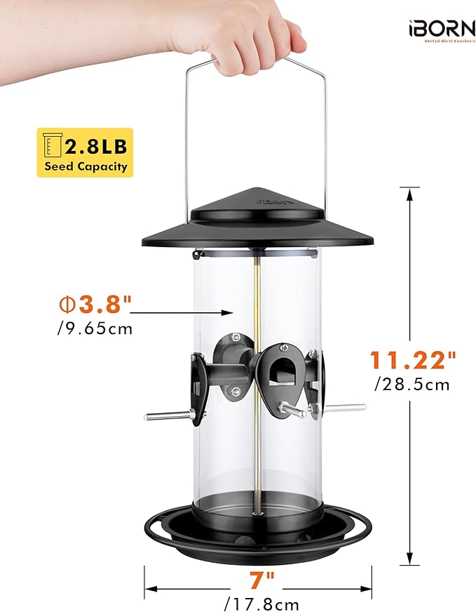 iBorn Metal Bird Feeder for Outside Hanging,Wild Bird Feeders for Cardinal,18cm Large Roof&Tray Black 10 Port(Seed is not Included)