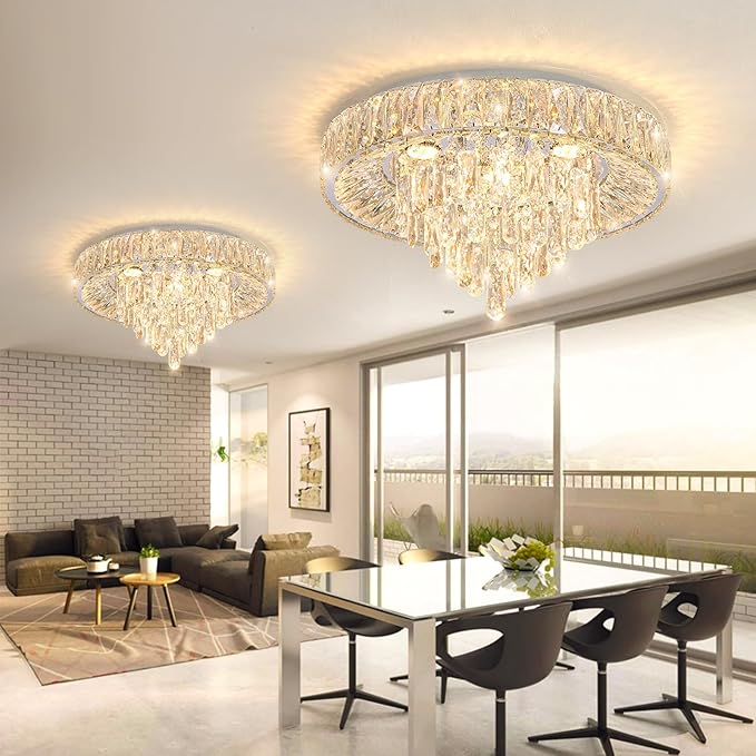 Modern Crystal Chandeliers for Dining Room LED Light Fixture Close to Ceiling Chandelier Flush Mount Ceiling Light Dimmable Lamp with Remote for Living Room Bedroom Hallway 2700K 6000K