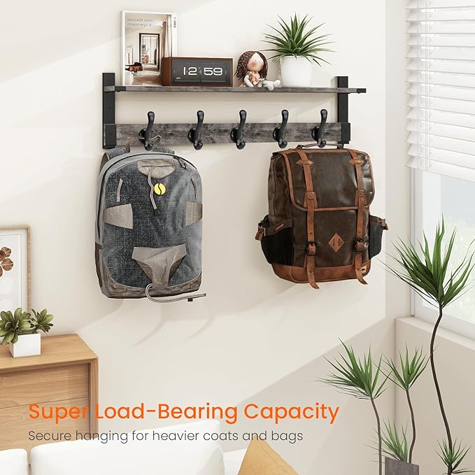 Homode Coat Rack Wall Mount with Shelf, 29 Inch Wood Wall Shelf with Hooks, Entryway Coat Hanger Wall Mount with 5 Hangers for Bathroom, Bedroom, Living Room, Grey