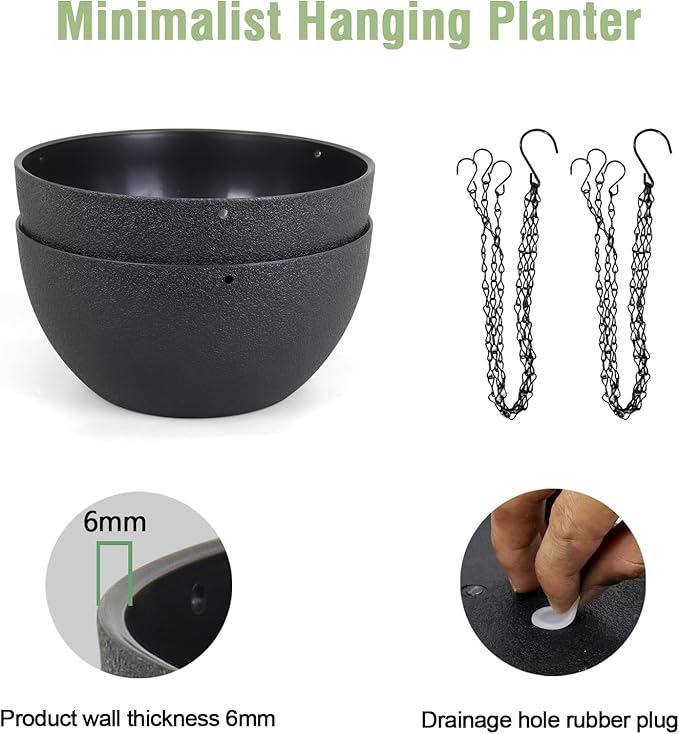 10 inch Hanging Planters for Indoor Outdoor Plants, 2 Pack Hanging Flower Pots with Drainage Holes and Chain for Garden Porch Plants, Round Plastic Hanging Baskets for House Plants, Black