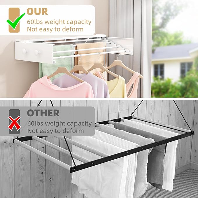 Wall Mounted Drying Rack with 4 Hooks and Shelf, Foldable Clothes Drying Rack for Laundry Room, Collapsible Laundry Rack Wall Mount, for Indoor Outdoor Hanging Clothes, 23.6 Inch