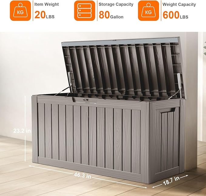80 Gallon Resin Deck Box, Lockable Patio Outdoor Storage Box for Furniture, Garden Tools and Tools Storage, Waterproof Outside Storage Boxes - Grey