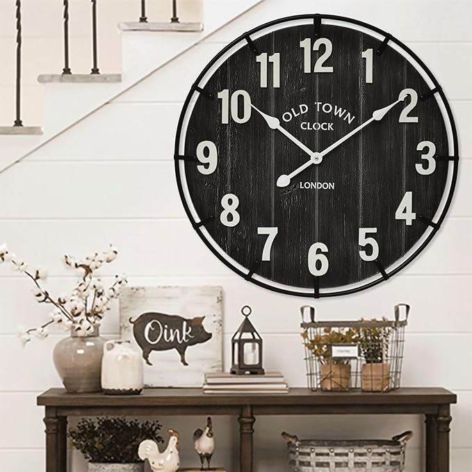 Large Old Town Farmhouse Wall Clock – 24 Inches Rustic Antique Wood with Metal Circle and Large Numerals, Silent Battery Operated Clock for Office, Kitchen, Bedroom, Living Room (Black)