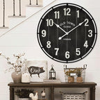 Large Old Town Farmhouse Wall Clock – 24 Inches Rustic Antique Wood with Metal Circle and Large Numerals, Silent Battery Operated Clock for Office, Kitchen, Bedroom, Living Room (Black)