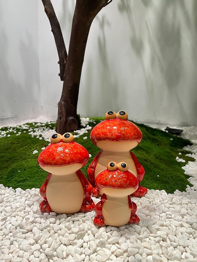 Frog Garden Decor Set of 3,Funny Cute Ceramic Frog Garden Statues Yard Decoration Outdoor Holiday Decorations,Ideal Ornament for Outside Pond Pool Patio Front Porch Backyard (Red)