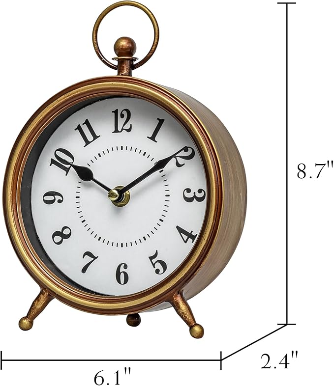 Small Gold Table and Shelf Desk Clock,Vintage Small Table Clock on Stand, Decorative Desk and Shelf Clock Farmhouse Mantel Non-Ticking Clock Rustic Metal Frame with Antique Gold Finish