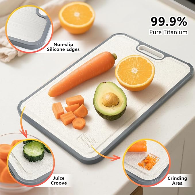 Titanium Cutting Board for Kitchen, Double Sided Cutting Boards for Meal Prep with Pure Titanium and Wheat Straw PP, Dishwasher Safe Chopping Board for Meat Vegetables Fruits, Large Size, 16”×11”