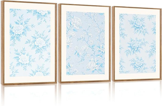 HPNIUB Large Classic Chinoiserie Floral Framed Canvas Wall Art Set, Watercolor Blue and White Flower Rose Wall Decor, Blue Minimalist Wildflower Art Print for Living Room,Bedroom,Office-16 x24 x3