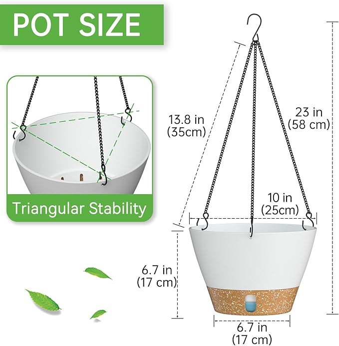ZMTECH 10 Inch Hanging Planters for Outdoor Plants, Hanging Pots for Plants Indoor with Visible Water Level, Hanging Flower Basket with Drainage Holes & Removable Tray(2 Pack, White)