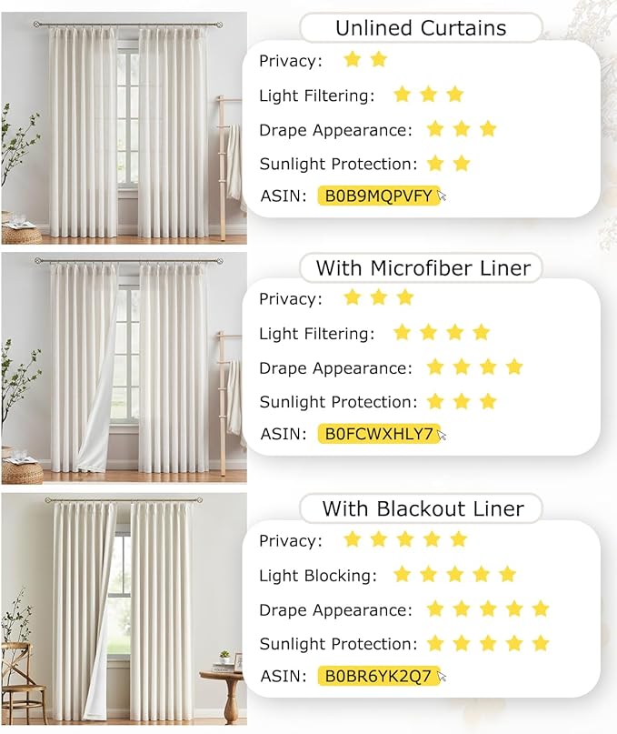 Vision Home Natural Pinch Pleated Full Blackout Curtains Linen Blended Room Darkening Window Curtains 90 inch for Living Room Bedroom Thermal Insulated Pinch Pleat Drapes with Hooks 2 Panel 40"Wx90"L