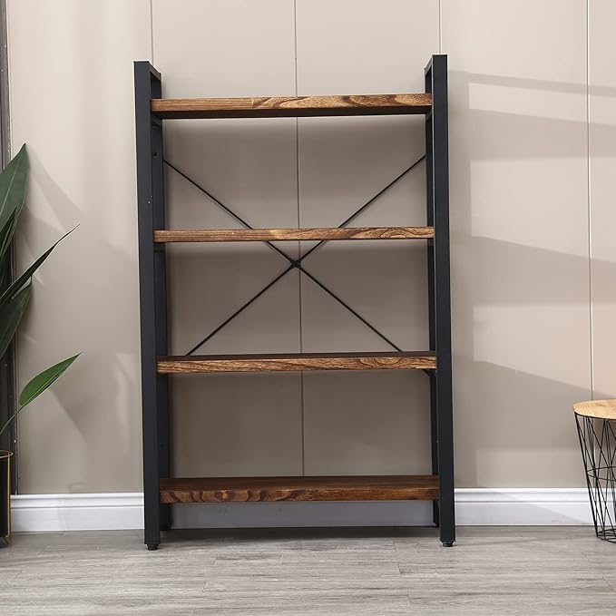 Solid Wood Bookshelf, 4-Tier Rustic Vintage Industrial Etagere Bookcase, Open Metal & Wood Vintage Book Shelf, Retro Brown