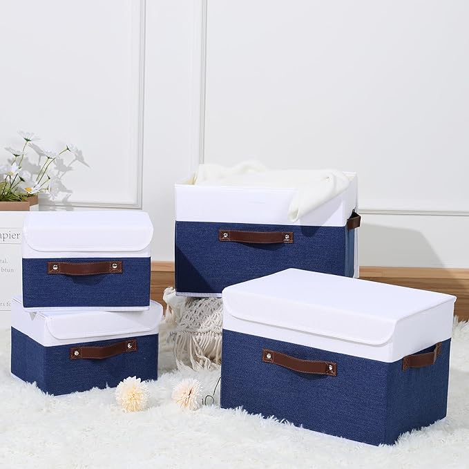 ANMINY Storage Boxes with Lids Washable Decorative Storage Bins Basket with PU Leather Handle Foldable Linen Fabric Storage Cubes Containers for Home Closet Organizer - Deep Blue White, Large Size