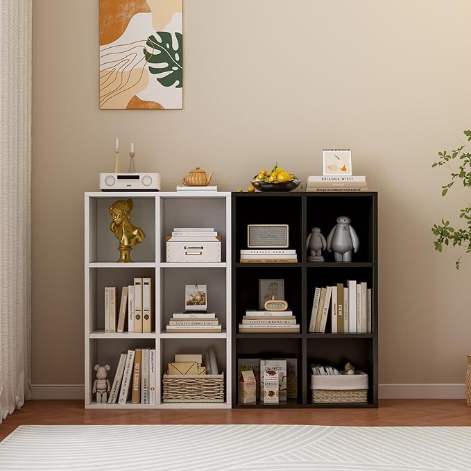 6-Cube Storage Shelf Bookcase - Wooden 3-Tier Floor Standing Open Bookshelf for Home and Office, Display Cabinet, Black