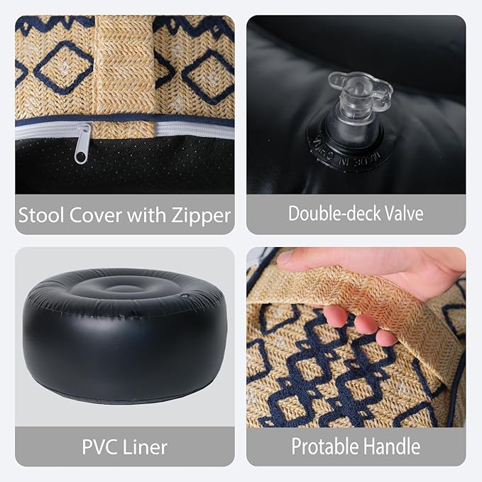 Outdoor Inflatable Ottoman with Air Pump, Embroidery Patio Footrest Stool D21”x H9”, Round Pouf Ottoman with Portable Handle Suitable for Garden, Camping, Bedroom, Living Room