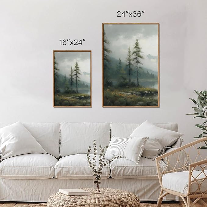 SIGNINART Large Misty Mountain Framed Canvas Wall Art, Green Forest River Scenery Wall Decor, Modern Foggy Wooden Landscape Artwork, Oil Style Nature Art Print for Living Room Bedroom Office 24"x36"x3