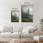 SIGNINART Large Misty Mountain Framed Canvas Wall Art, Green Forest River Scenery Wall Decor, Modern Foggy Wooden Landscape Artwork, Oil Style Nature Art Print for Living Room Bedroom Office 24"x36"x3