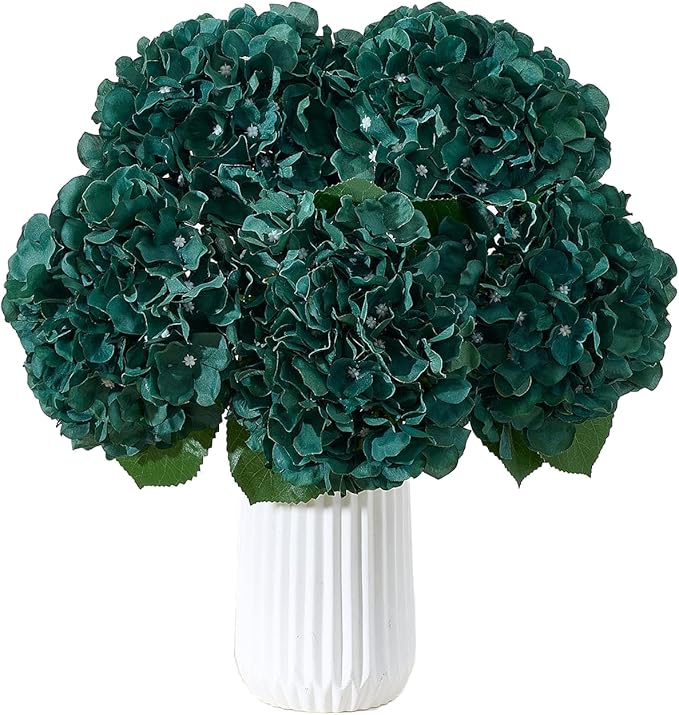 8Pcs Emerald Green Fake Flowers Silk Hydrangea Artificial Flowers Bouquets Faux Hydrangea Stems for Home Table Centerpieces Wedding Party Decoration