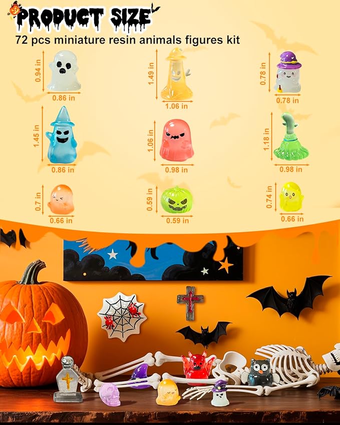 72 Pcs Halloween Mini Resin Animals Figures Kit - Luminous Tiny Resin Figurines Accessories, Glow in The Dark Miniature Ghost Figurines for Halloween Party, Micro Landscape, Tabletop Decor