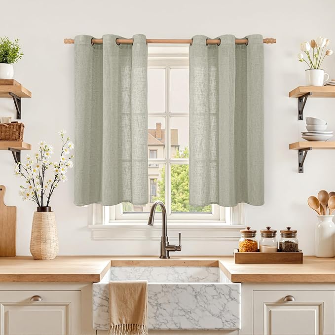 LAMIT Short Linen Curtains 40 Inch Length, Sage Grey Small Window Semi Sheer Drapes Light Filtering Bronze Grommet Neutral Panels for Cafe/Basement, 2 Panels Set, 34 x 40 Inch