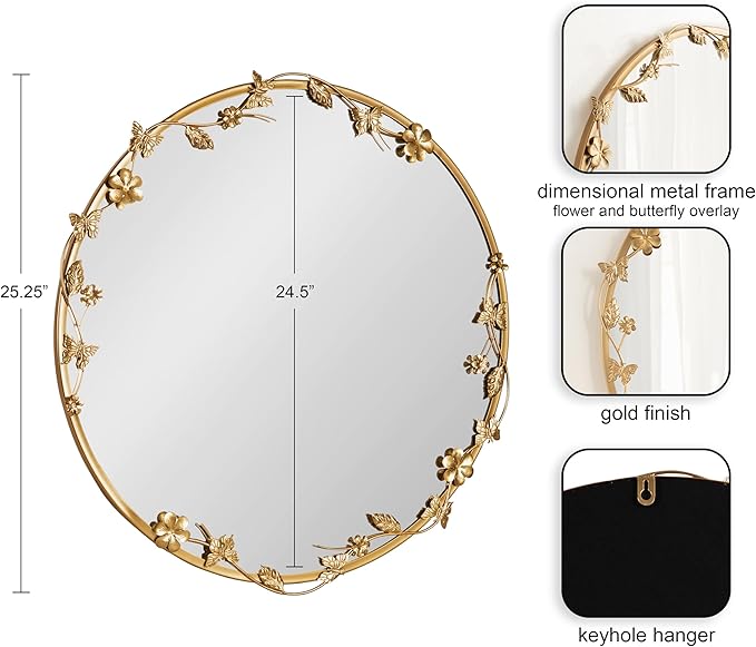 Kate and Laurel Rosella Modern Ornate Round Wall Mirror, 26 Inch Diameter, Gold, Circle Mirror with Floral Detailing for Use as Bathroom Mirror for Over Sink or Cute Nursery Mirror Decor