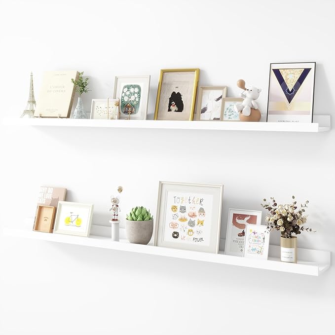 Picture Ledge Shelf, Wood Long Floating Shelves for Wall, Set of 2, 48 inch Picture Ledge Shelves, Photo Ledge Nursery Book Shelves Wall Mounted for Living Room Kids' Room Bedroom, Color White