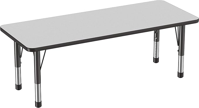FDP Rectangle Activity School and Classroom Kids Table (24 x 60 inch), Chunky Toddler Legs, Adjustable Height 15-24 inches - Gray Top and Black Edge