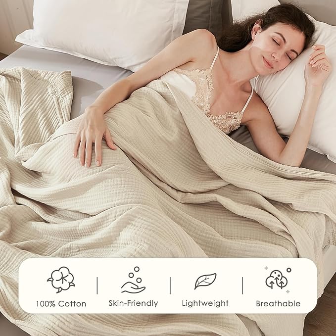 EMME Cotton Blanket Queen Size for Bed Soft Muslin Bed Blankets 90"x90" Lightweight Breathable Bedspread Coverlet All Season Gauze, Light Tan