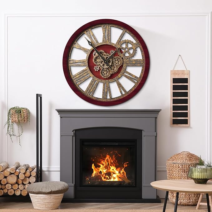 The B-Style Large Wall Clock 24 inch Moving Gear Wall Clock Oversized Vintage Farmhouse Wall Clocks for Living Room Decor Rustic Industrial Wood Clock (Cherry red and Bronze, 36 inch/90cm)