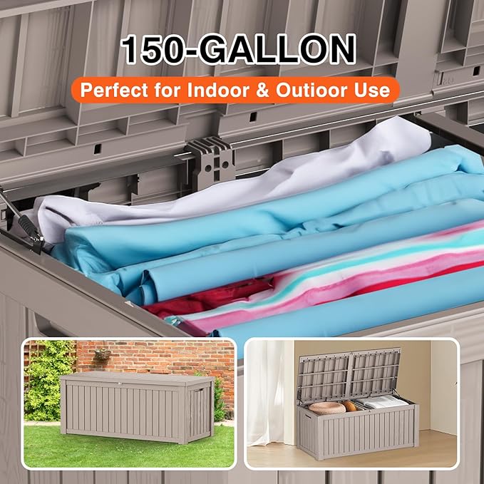 150 Gallon Double-Wall Resin Deck Box - Lockable Waterproof Outdoor Storage Box, 1000lbs Capacity & Doubles as Seating for Patio Furniture - Garden Tools, Pool Accessories (Brown)