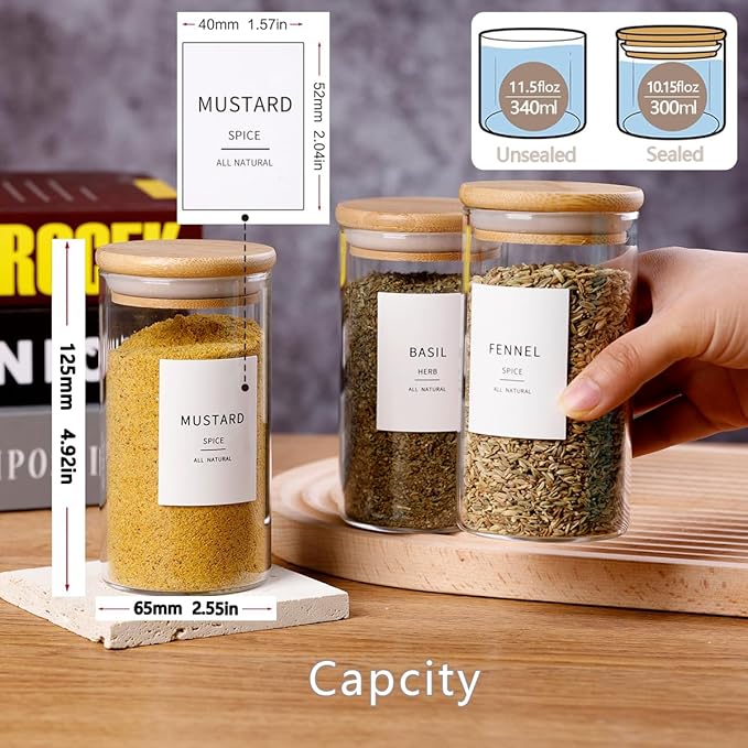 12 Pcs Glass Spice Jars With Bamboo Airtight Lids, 10oz Thicken(2.4mm) Spice Containers With 148 Minimalist Preprinted Waterproof Spice Labels, Kitchen Empty Small Storage Jars For Seasoning, Herb