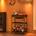 Bar Cart Serving Wine 3 Tier Home Rolling Rack with Wheels Mobile Kitchen Industrial Vintage Style Wood Metal Serving Trolley Serving Cart, Drink Cart for Living Room Kitchen