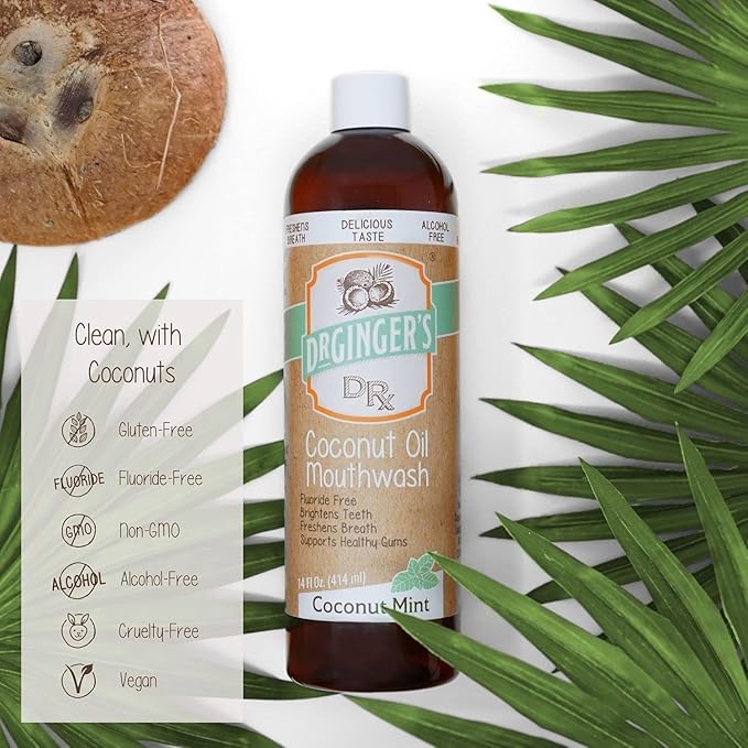 Dr. Ginger’s Coconut Oil Pulling Alcohol Free Mouthwash - Mint Flavor, 14 fl oz Support Gum Health, Tongue, and Teeth Whitening for Adults, Fluoride Free, All-Natural Oil and Xylitol for Bad Breath
