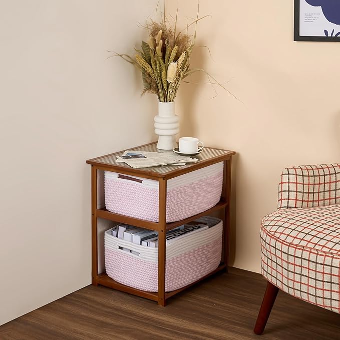 Large Storage Baskets for Shelves, Closet Organizers Bins for Clothes Blanket Towels, Baby Nursery, Toy Baskets Box, Woven Rope Baskets, 17 x 13 x 7.5”, 3 Packs Woven Pink