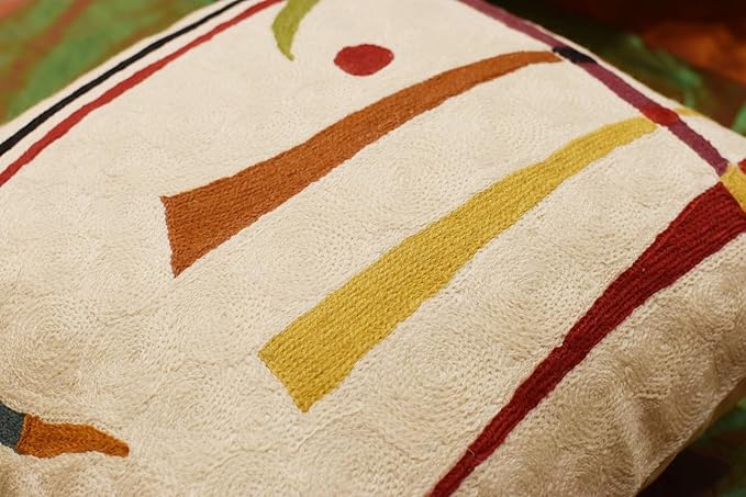 Kandinsky Contemporary Throw Pillow Cover - Cream | Modern Pillow Cases | Abstract Throw Pillows | Modern Boho Pillow | Abstract Chair Cushions | Hand Embroidered Cushion | Wool Size 18x18