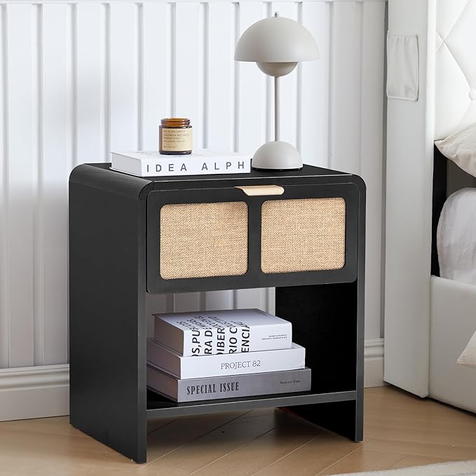 LEVNARY Nightstand with Charging Station, Mid-Century Modern Bedside Table with Curved Top Corners and Fabric-Like Textured Drawer, Wooden End Table for Farmhouse Bedroom Living Room (1, Black)