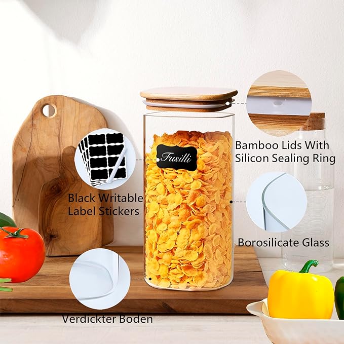 Square Glass Jars Canister with Wood Lid 50 FL OZ [Set of 3], Container Jar with Sealing, Lids for Oat Pasta Flour Cereal Rice Sugar Tea Coffee Beans, Best for Kitchen & Pantry