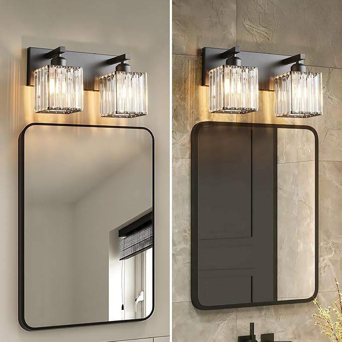 Modern Bathroom Vanity Light 2-Lights Black Crystal Bathroom Wall Light Vanity Light Fixtures，12.59-inch Modern Minimalist Design