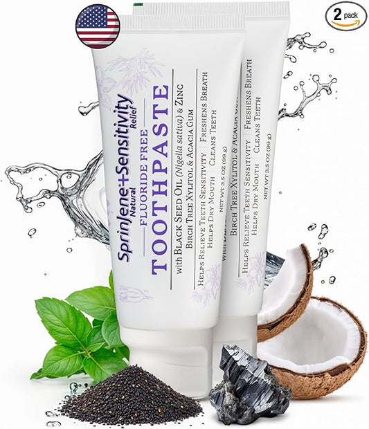 SprinJene Fluoride Free Toothpaste for Sensitive Teeth & Gum Fresh Breath Helps Dry Mouth Natural Non Fluoride Toothpaste for Adult SLS Free, Toxic Preservative Free with Black Seed Oil & Zinc 2 Pack