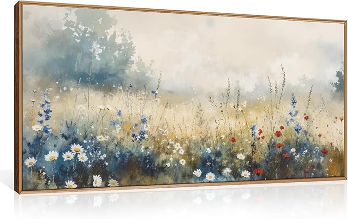 Nature Wildflower Framed Canvas Wall Art Set, Pastoral Landscape Wall Decor, Colorful Meadow Wall Painting, Rustic Floral Art Print for Living Room, Bedroom, Office - 20"X40"