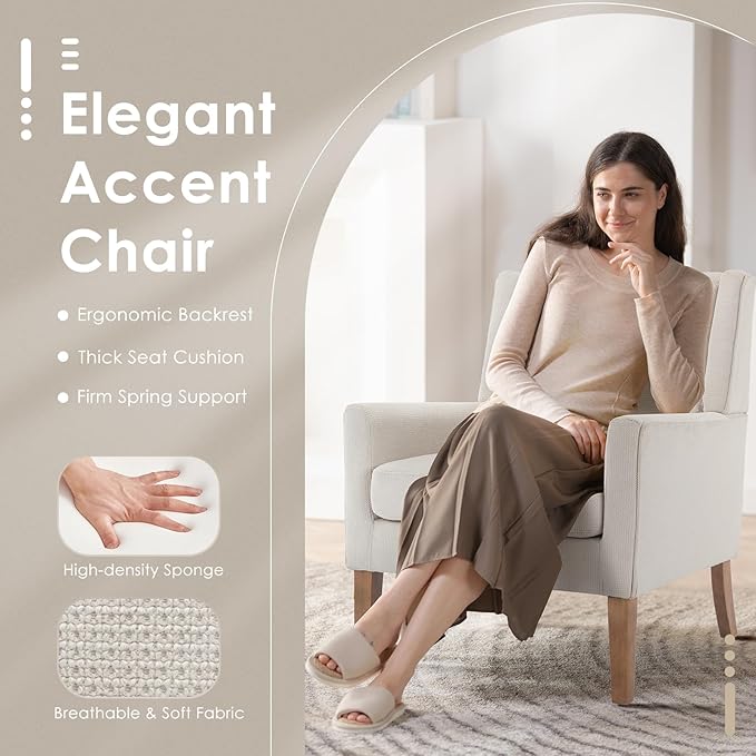 COLAMY Modern Wingback Living Room Chair Set of 2, Upholstered Fabric Accent Armchair, Single Sofa Chair with Lounge Seat and Wood Legs for Bedroom/Office/Reading Spaces, Beige