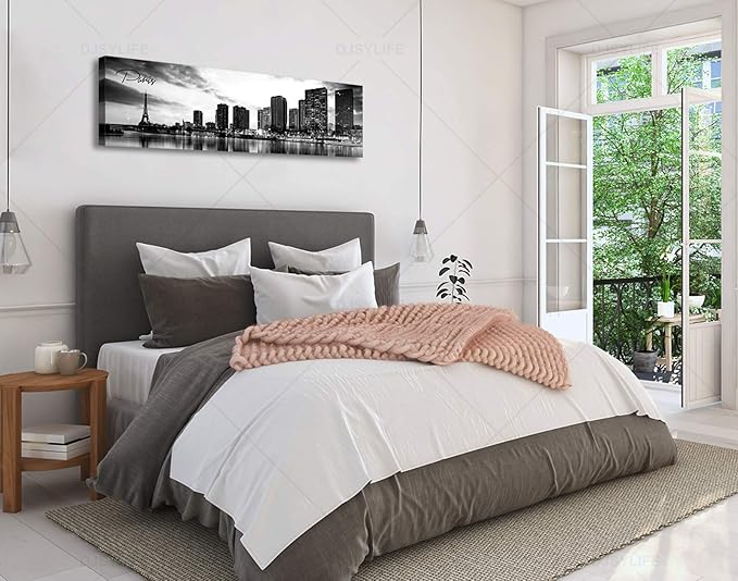 DJSYLIFE Paris Eiffel Tower Skyline Wall Art Black and White Modern City Night View Panoramic Cityscape Picture Paintings Canvas Prints Office Room Home Decoration Artwork Framed 13.8"X47.3"