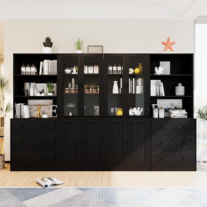 TUSY 71" Bookshelf Bookcase, 3-Tier Modern Bookshelves 3 Large Drawer, Wood Filing Cabinet with Open Storage Shelf, Glass Doors 5-Tier Fixed Storage Shelves for Home Office (Black)