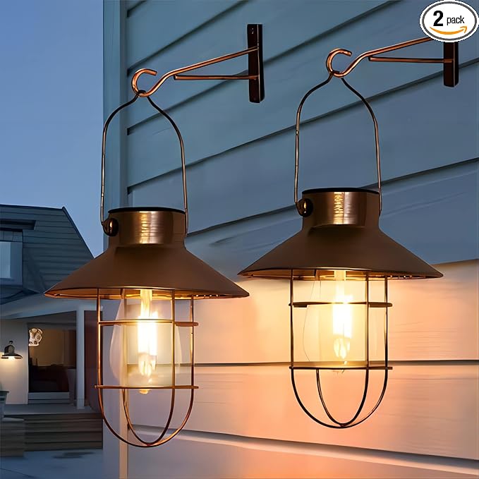 pearlstar Solar Lanterns Outdoor Metal Solar Powered Hanging Lights Waterproof for Barn Wall Yard Garden Patio Garage Balcony Porch Fence Decor, Warm White Edison Bulb (Copper-2pack)
