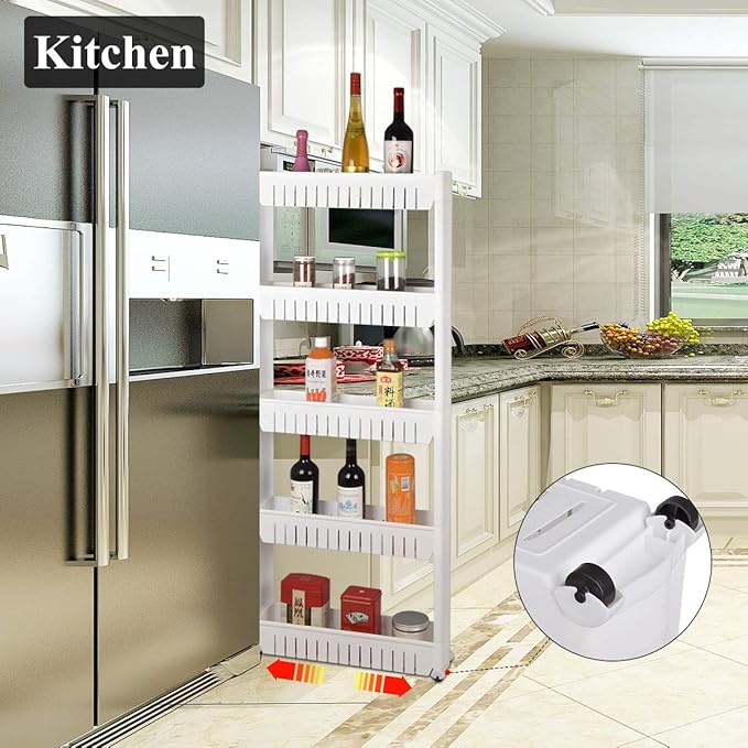 Laundry Room Organizer, Mobile Shelving Unit Organizer with 4 Large Storage Baskets, Gap Storage Slim Slide Out Pantry Storage Rack for Narrow Spaces, 4 Tier …