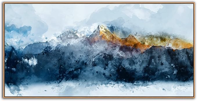 Framed Canvas Wall Art Indigo Abstract Mountain Pictures Wall Decor Blue Grey Orange Mountain Peaks Canvas Painting Prints Modern Abstract Artwork for Living Room Bedroom Decoration 29" X 58"