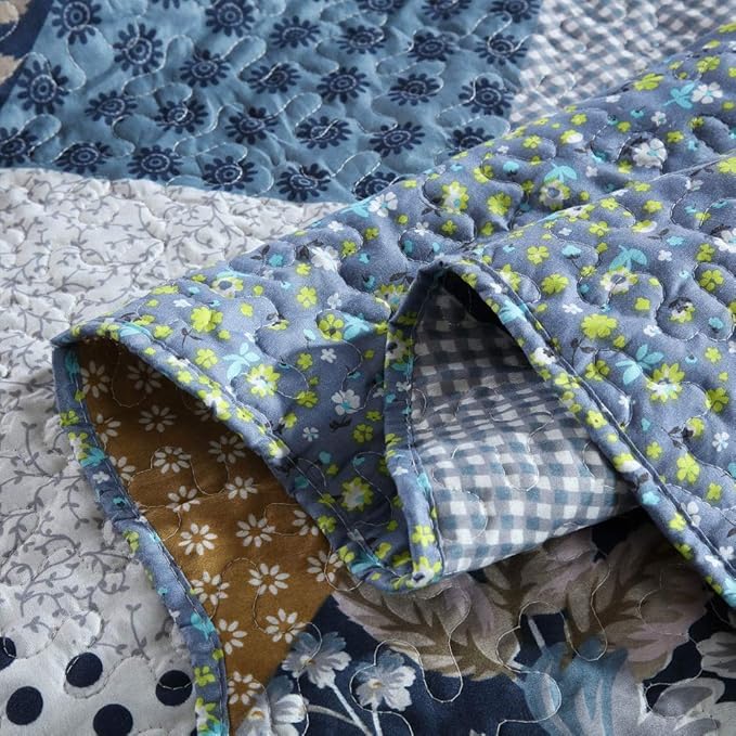NEWLAKE Quilt Bedspread Sets-Checkered Floral Reversible Coverlet Set,Queen Size